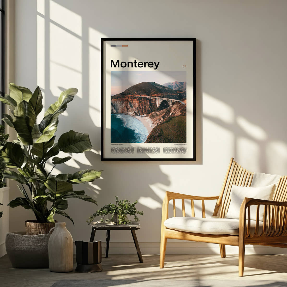 Monterey Bixby Creek Bridge Travel Print framed on a pale wall beside houseplants