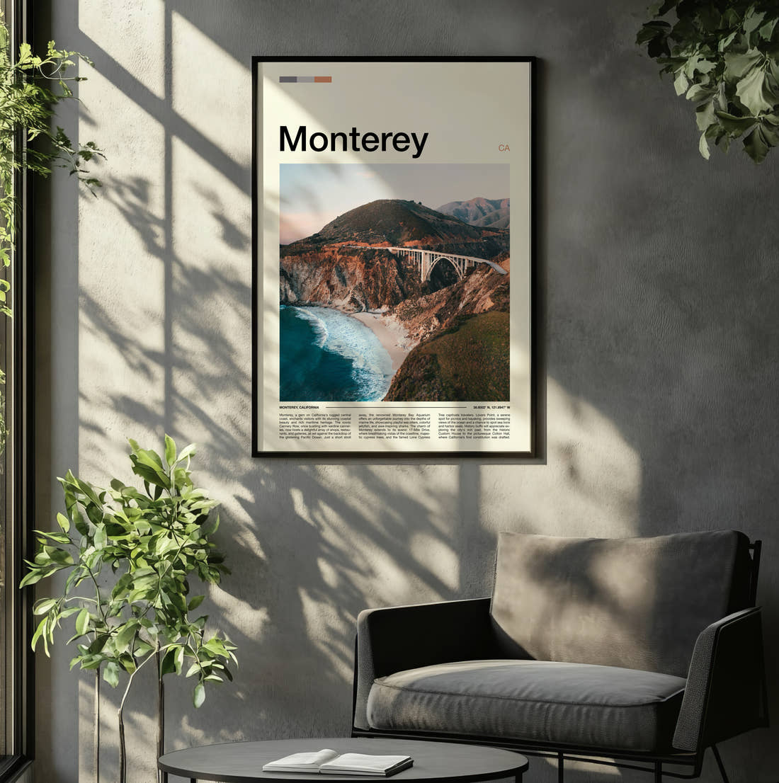 Monterey Bixby Creek Bridge Travel Print framed on the wall of a relaxed living room