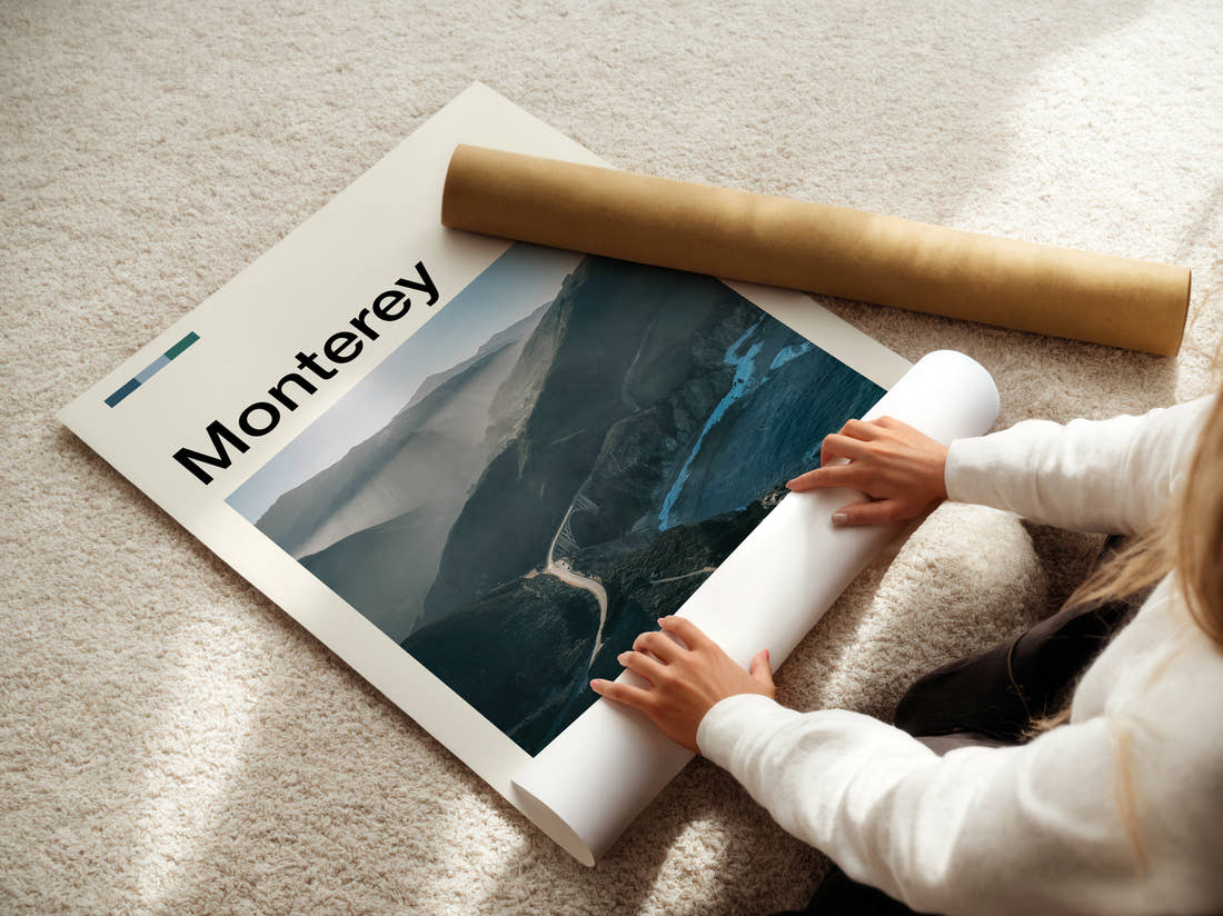 Monterey Misty Coastal Road Travel Print being unrolled from its postal tube