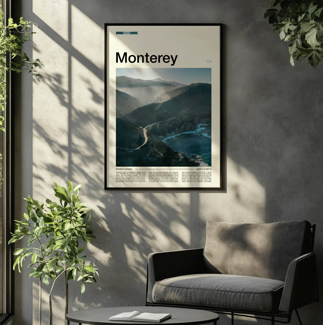 Monterey Misty Coastal Road Travel Print framed on the wall of a relaxed living room