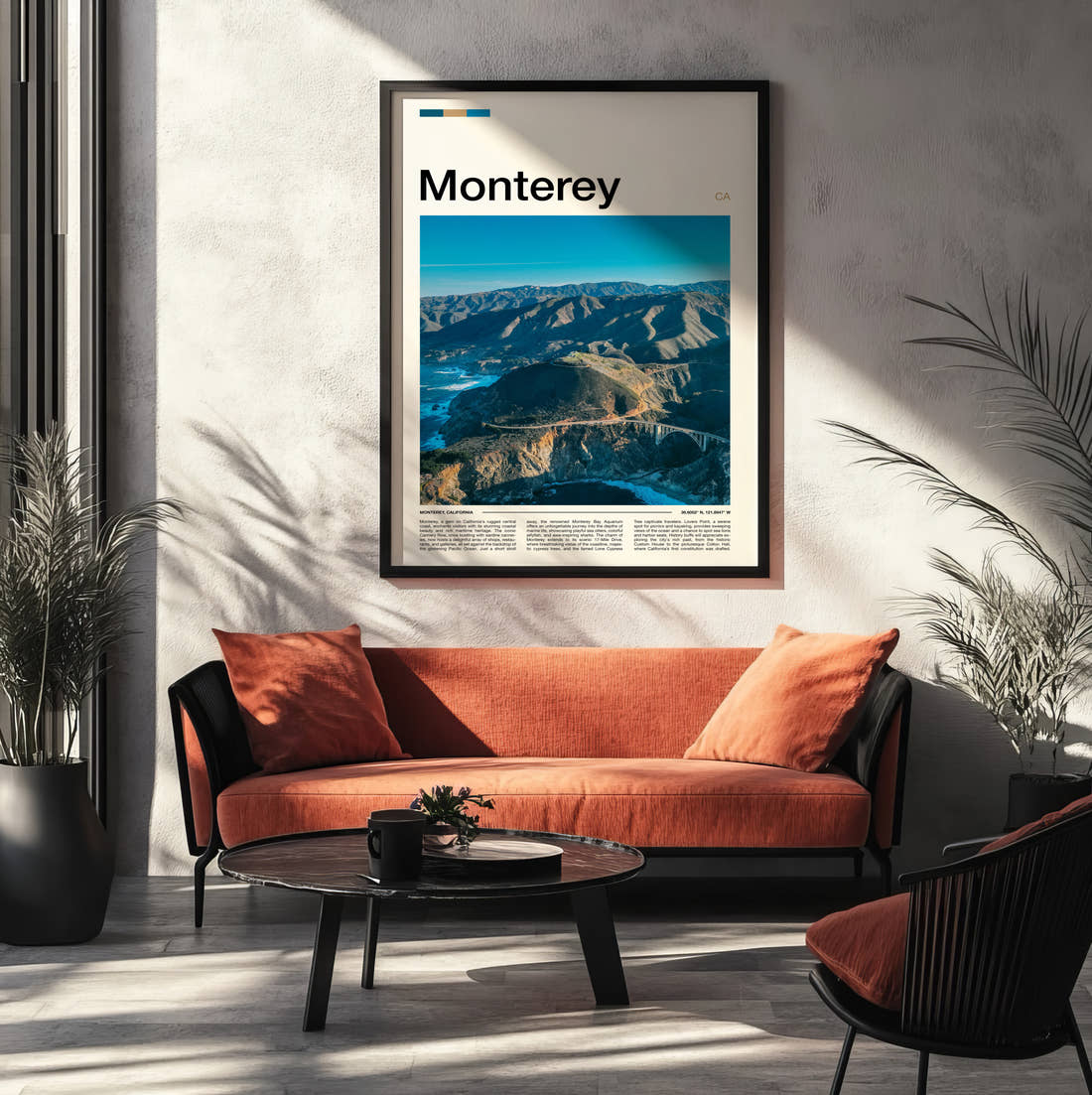 Monterey Aerial Coastal Cliffs Travel Print framed on the wall of a modern living room
