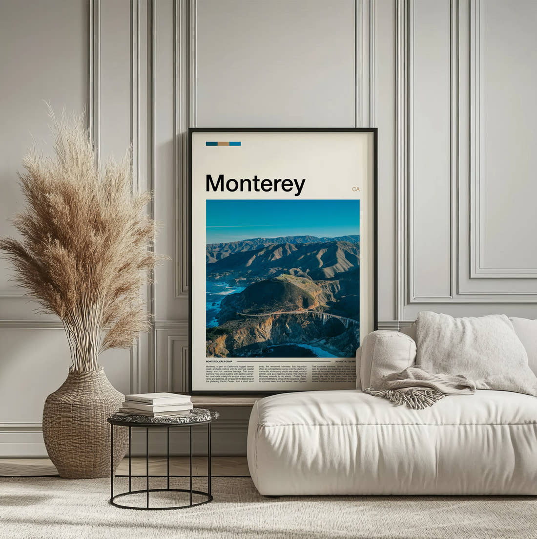 Monterey Aerial Coastal Cliffs Travel Print framed on the wall of a calm, neutral bedroom