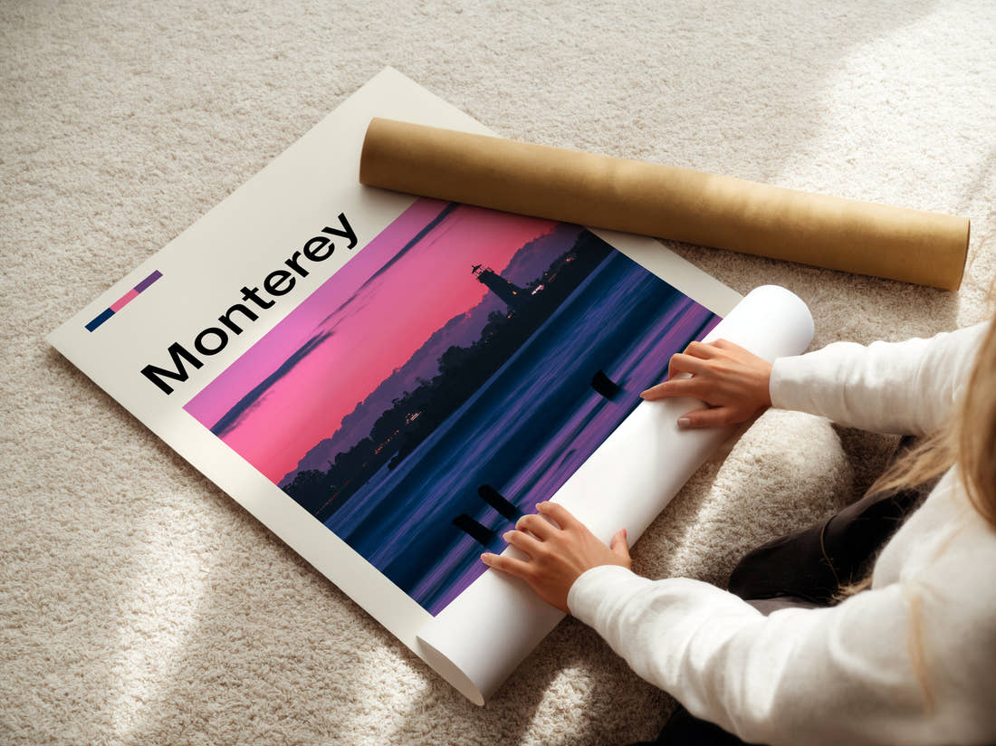 Monterey Lighthouse At Pink Dusk Travel Print being unrolled from its postal tube