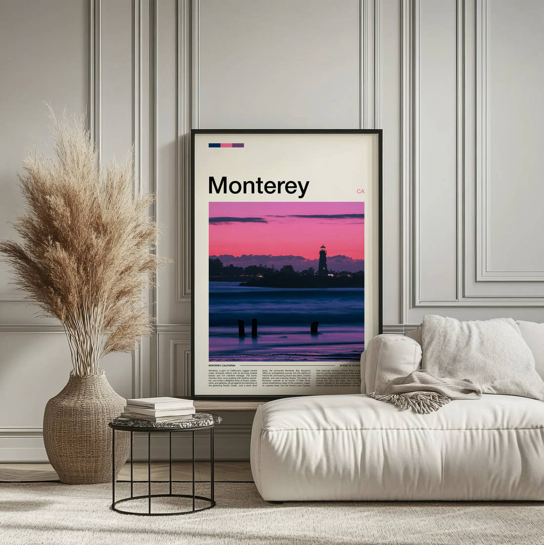Monterey Lighthouse At Pink Dusk Travel Print framed on the wall of a calm, neutral bedroom