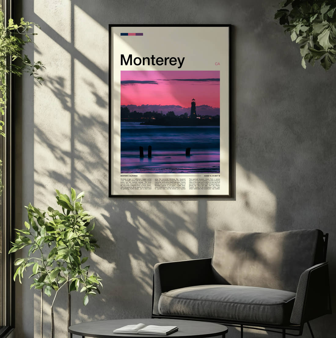 Monterey Lighthouse At Pink Dusk Travel Print framed on the wall of a relaxed living room