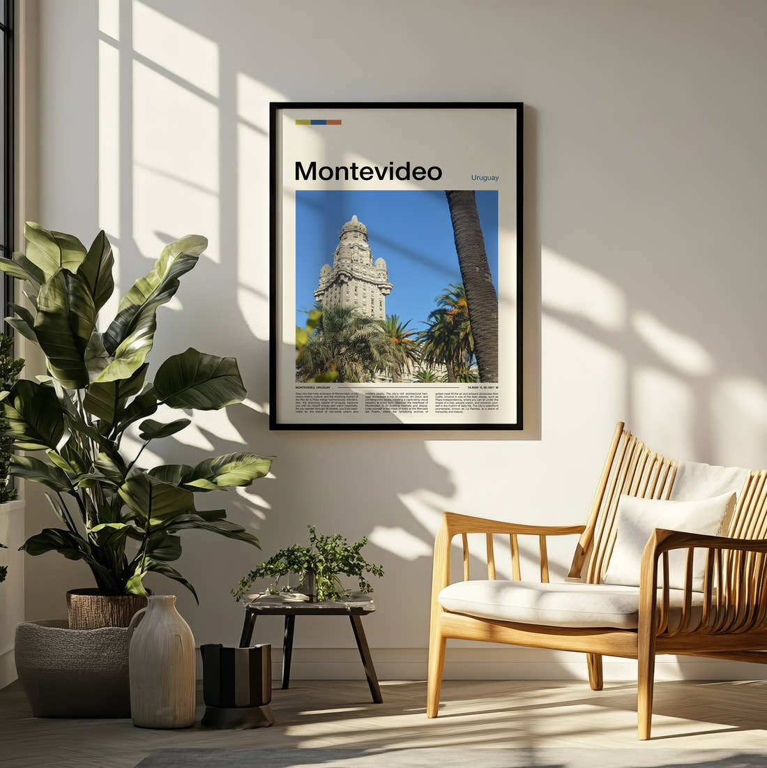 Montevideo Palacio Salvo Travel Print framed on a pale wall beside houseplants