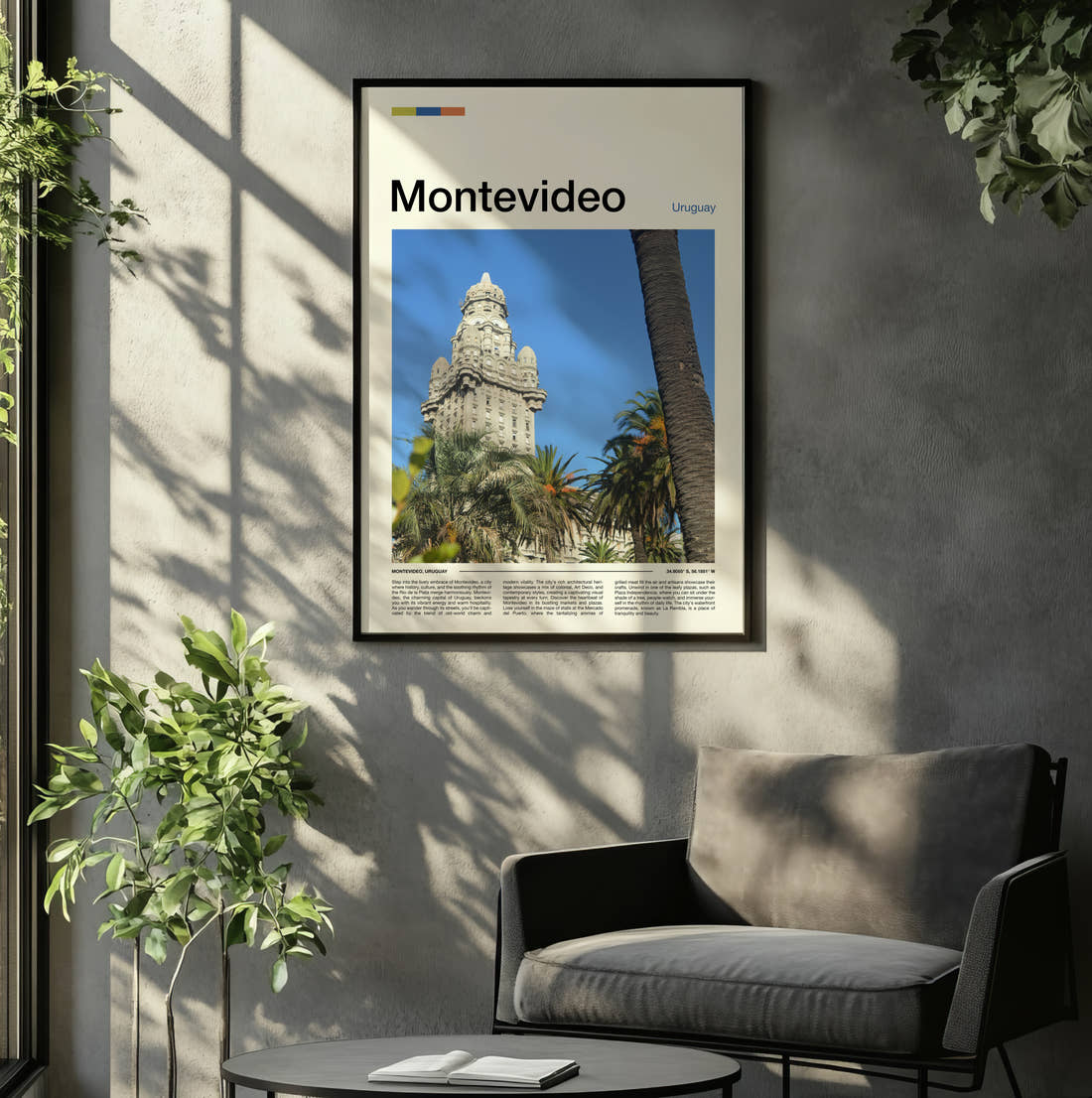 Montevideo Palacio Salvo Travel Print framed on the wall of a relaxed living room