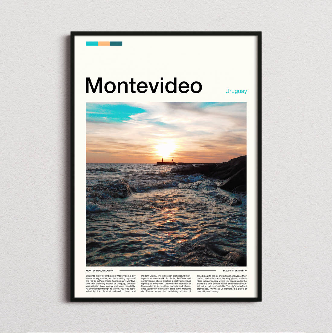 Montevideo Sunset Over Rocky Shore Travel Print framed and photographed straight on