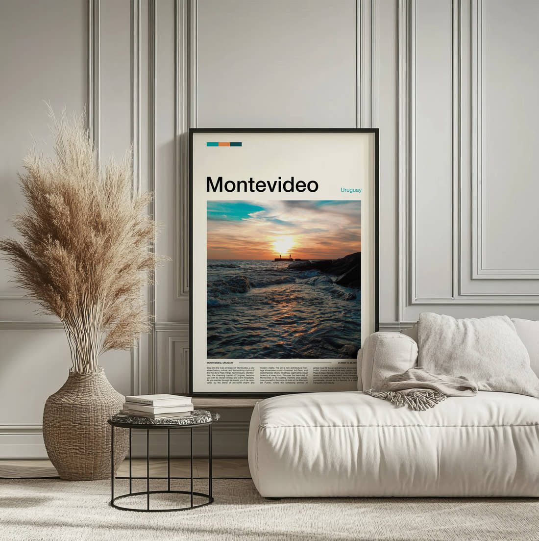Montevideo Sunset Over Rocky Shore Travel Print framed on the wall of a calm, neutral bedroom