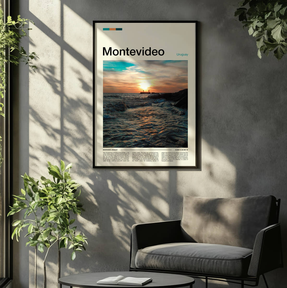Montevideo Sunset Over Rocky Shore Travel Print framed on the wall of a relaxed living room