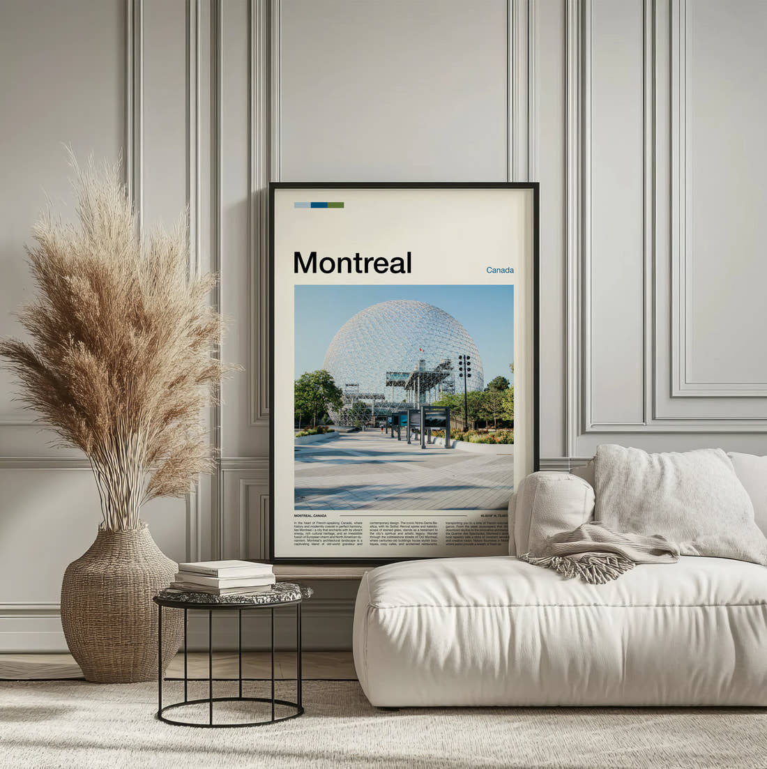 Montreal Biosphere Dome Travel Print framed on the wall of a calm, neutral bedroom