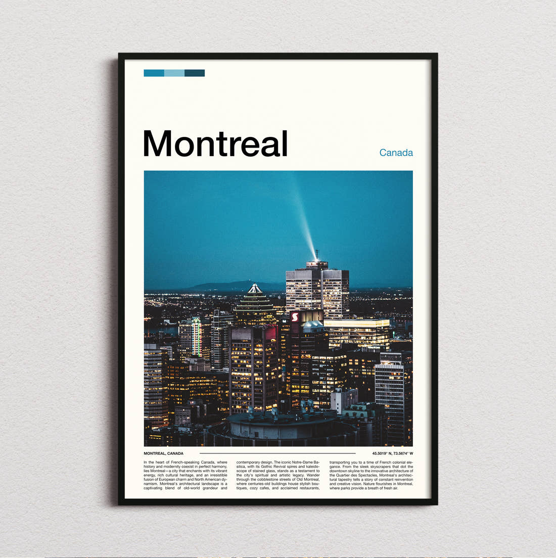 Montreal Night Skyline Travel Print framed and photographed straight on