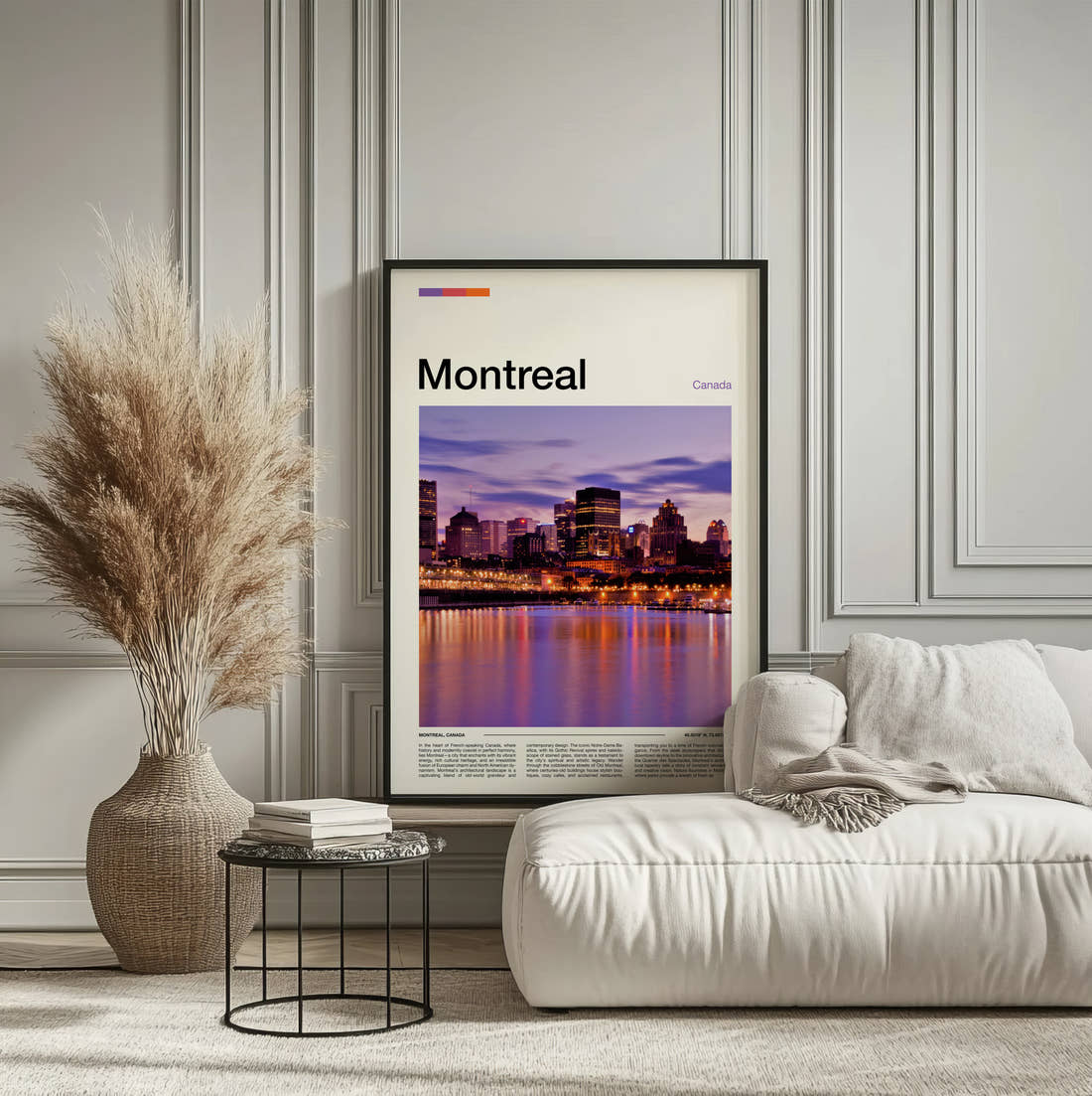 Montreal Skyline At Dusk Travel Print framed on the wall of a calm, neutral bedroom