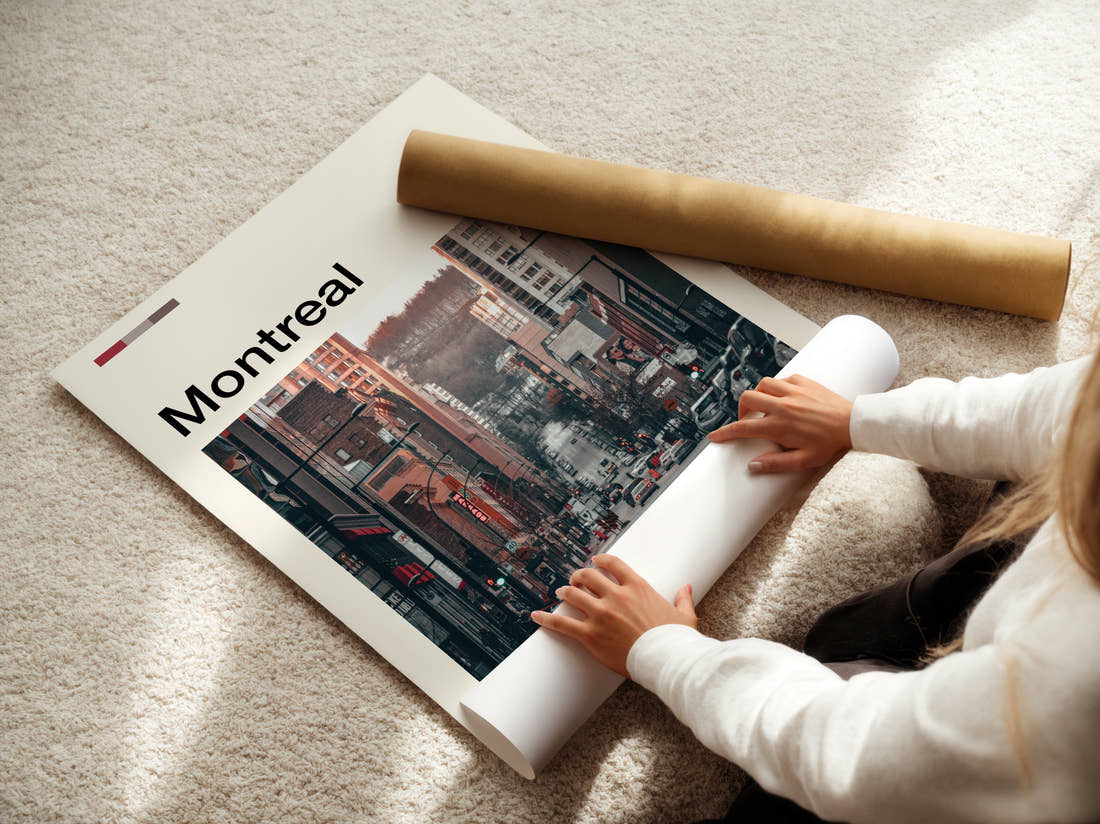 Montreal Busy City Street Travel Print being unrolled from its postal tube