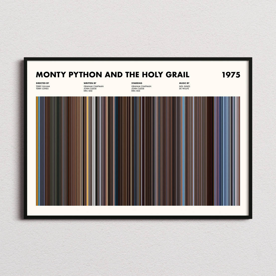 Monty Python and the Holy Grail Movie Barcode Poster framed and photographed straight on