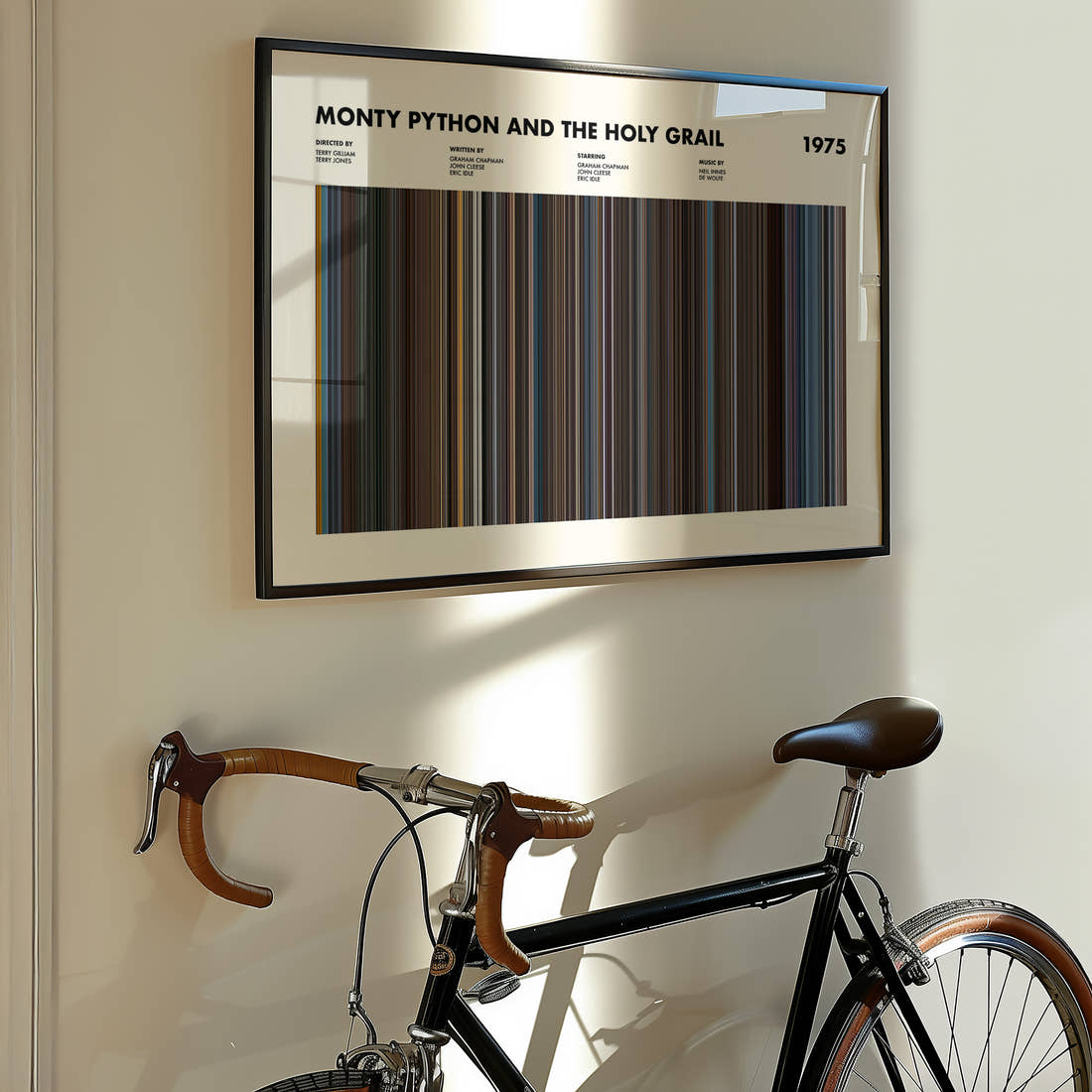 Monty Python and the Holy Grail Movie Barcode Poster framed on the wall of a styled room setting