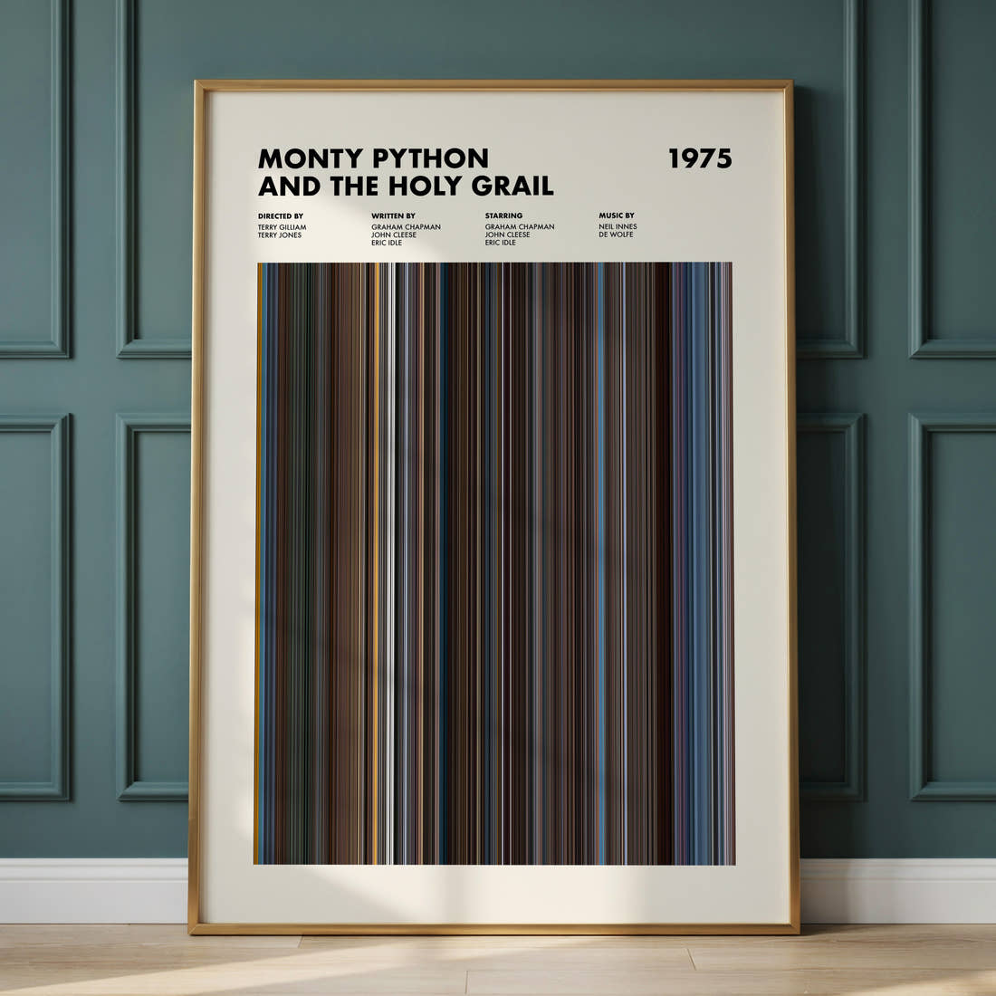 Monty Python and the Holy Grail Movie Barcode Poster framed and leaning against a panelled wall