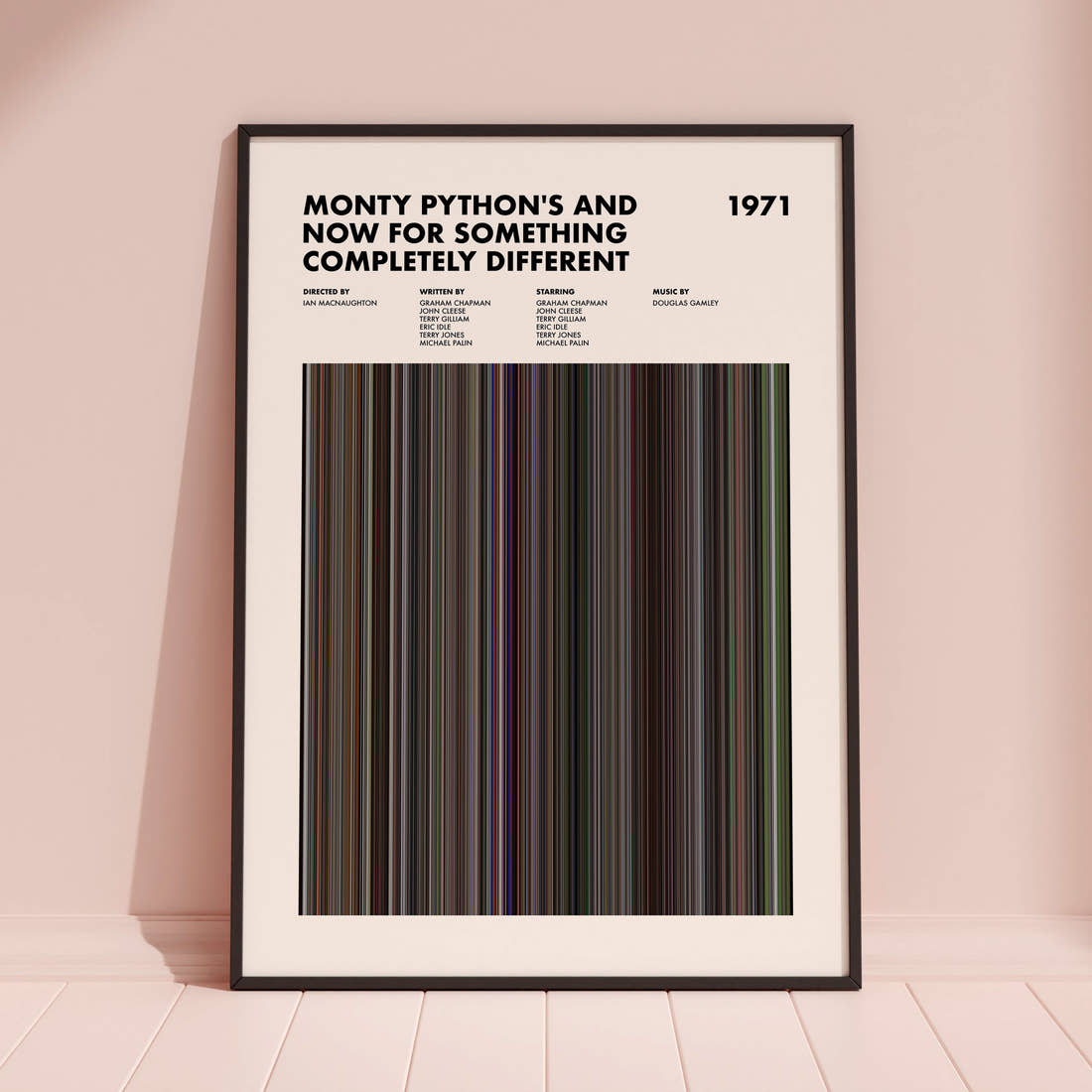 Monty Python's And Now for Something Completely Different Movie Barcode Poster framed and leaning against a coloured wall
