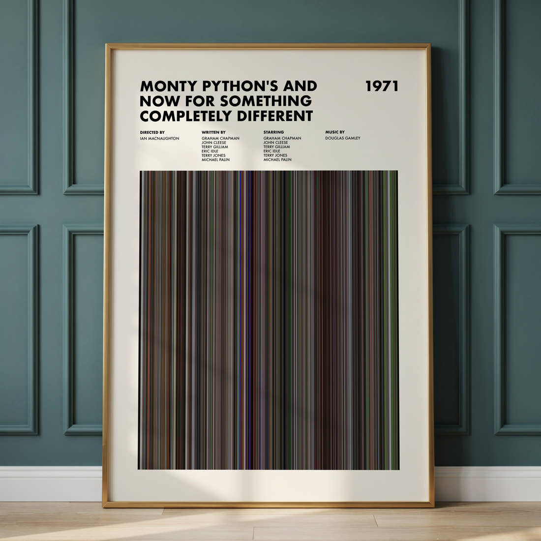 Monty Python's And Now for Something Completely Different Movie Barcode Poster framed and leaning against a panelled wall