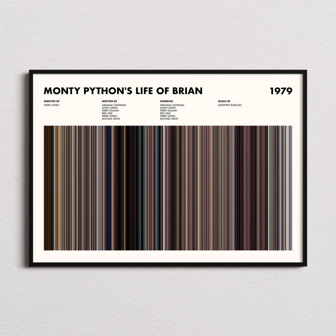 Monty Python's Life of Brian Movie Barcode Poster framed and photographed straight on
