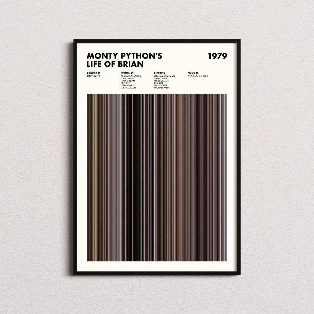 Monty Python's Life of Brian Movie Barcode Poster framed on a plain studio wall