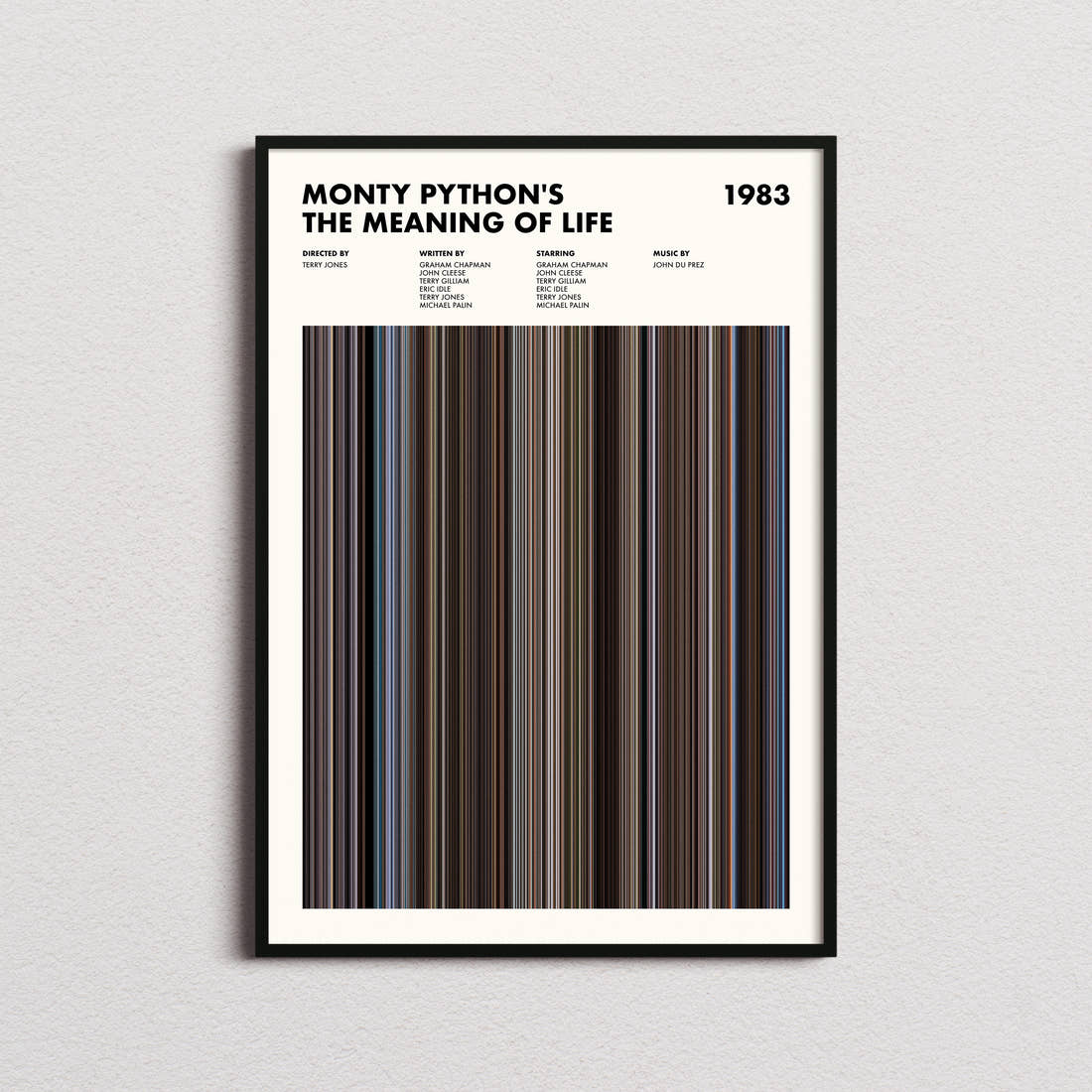 Monty Python's The Meaning of Life Movie Barcode Poster framed on a plain studio wall