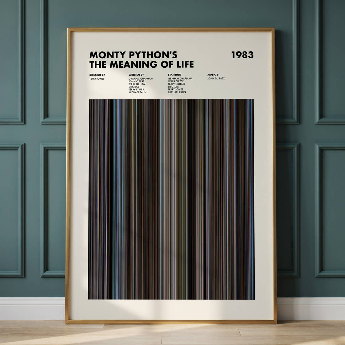 Monty Python's The Meaning of Life Movie Barcode Poster framed and leaning against a panelled wall