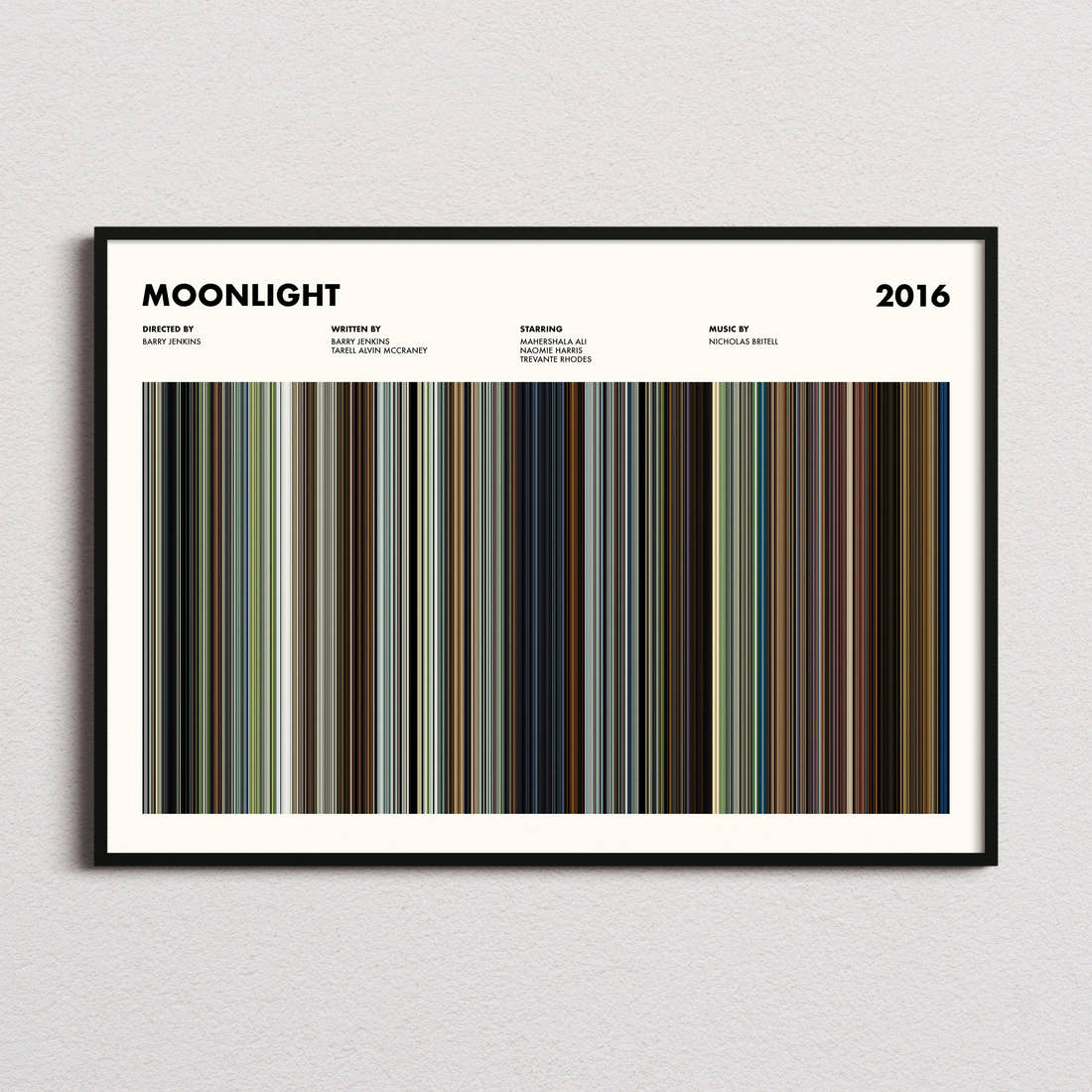 Moonlight Movie Barcode Poster framed and photographed straight on