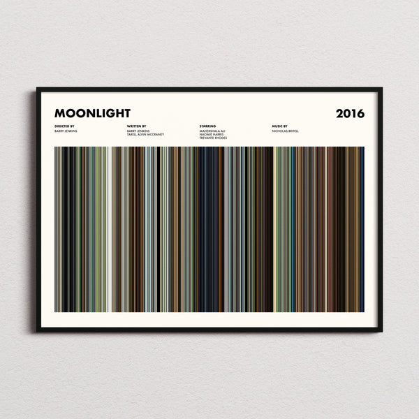 Moonlight Movie Barcode Poster framed and photographed straight on