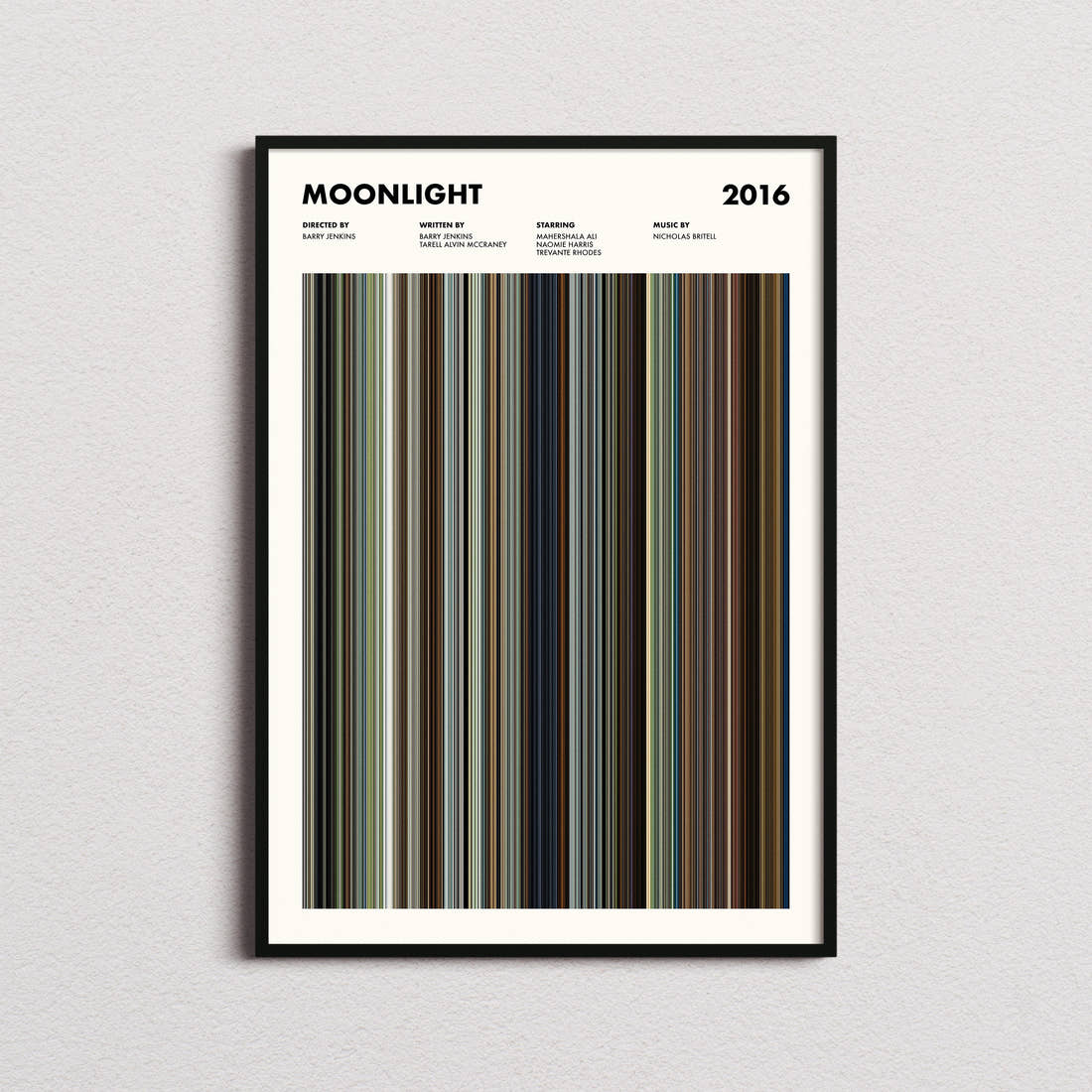 Moonlight Movie Barcode Poster framed on a plain studio wall