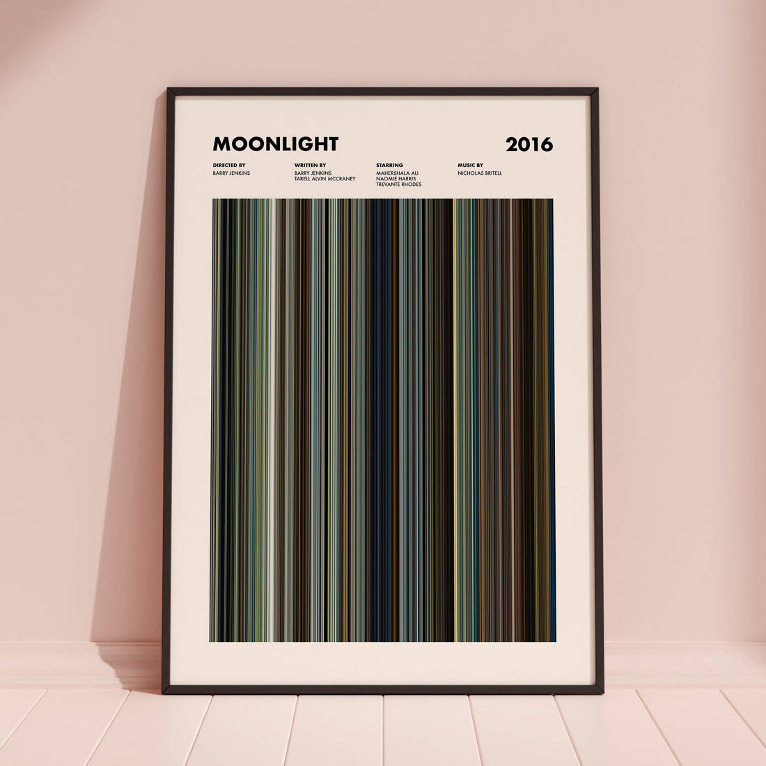 Moonlight Movie Barcode Poster framed and leaning against a coloured wall