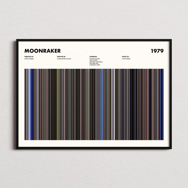 Moonraker Movie Barcode Poster framed and photographed straight on
