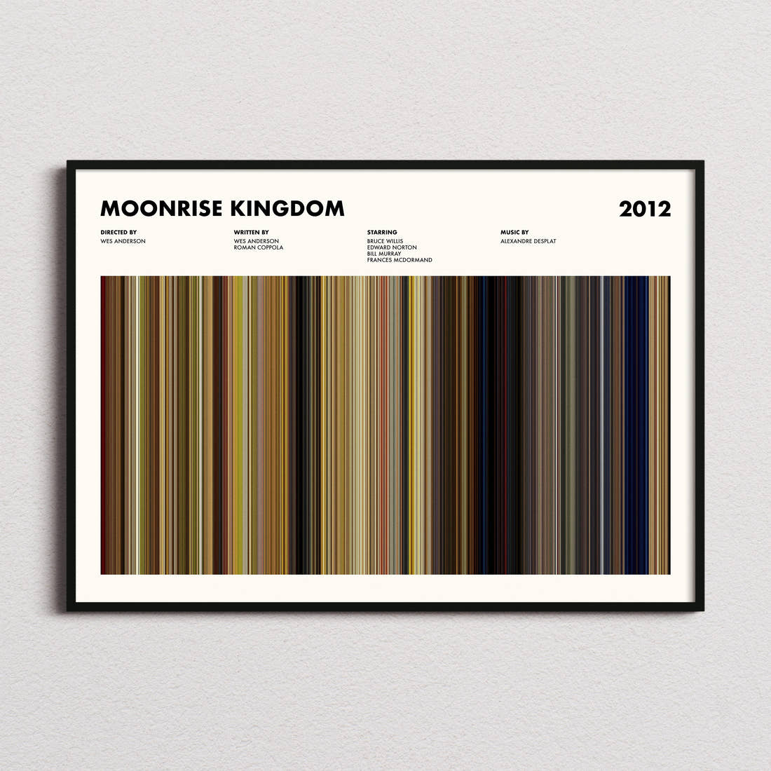 Moonrise Kingdom Movie Barcode Poster framed and photographed straight on