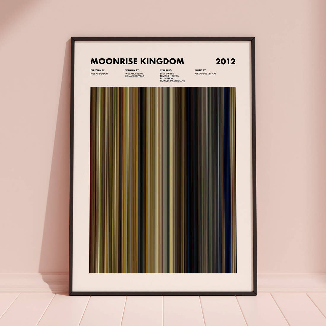 Moonrise Kingdom Movie Barcode Poster framed and leaning against a coloured wall