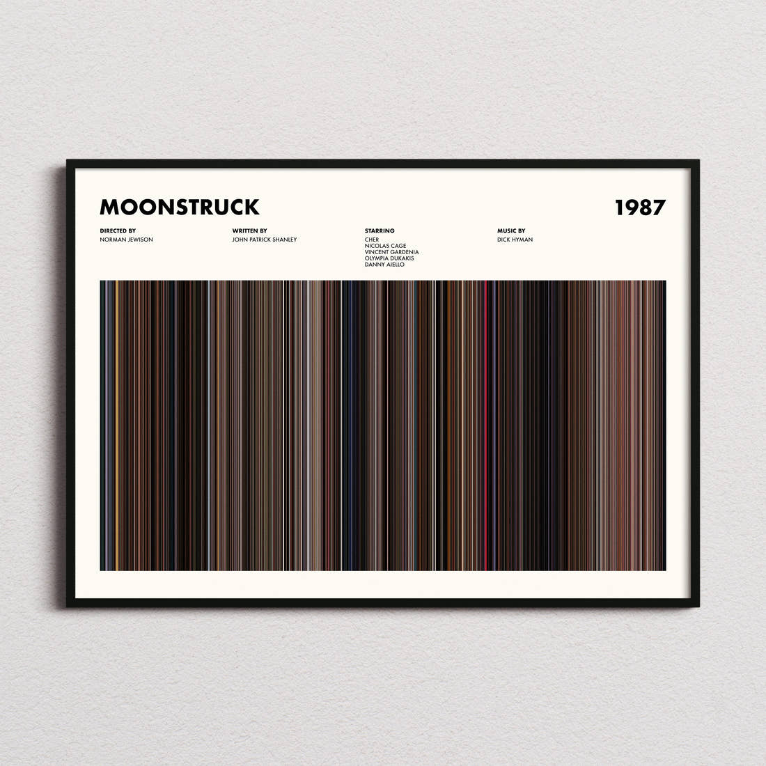 Moonstruck Movie Barcode Poster framed and photographed straight on
