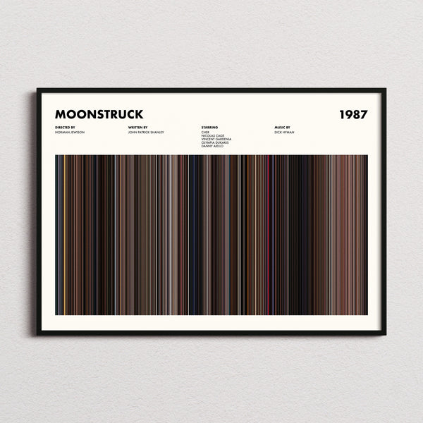 Moonstruck Movie Barcode Poster framed and photographed straight on