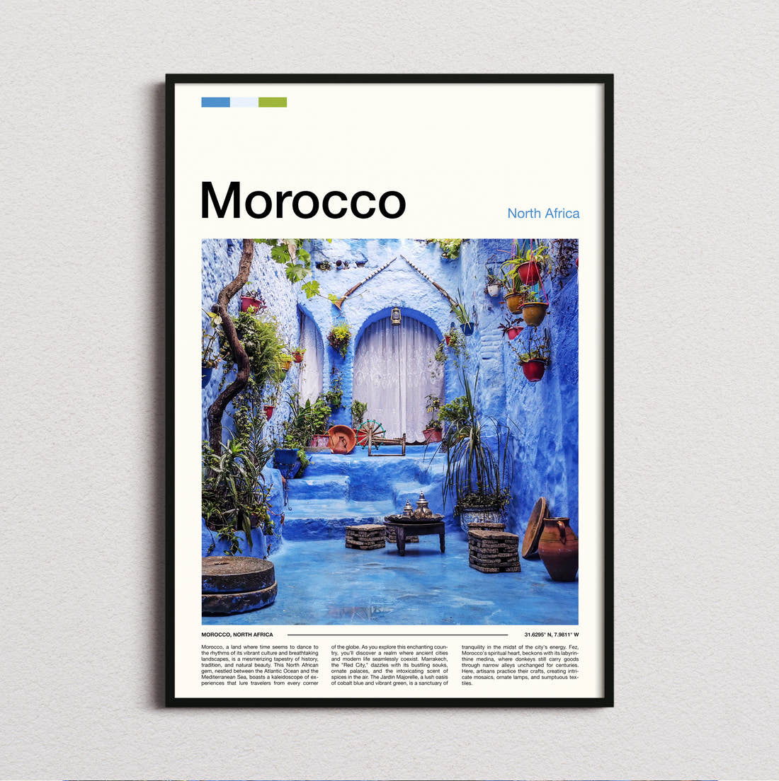 Morocco Blue Painted Courtyard Travel Print framed and photographed straight on