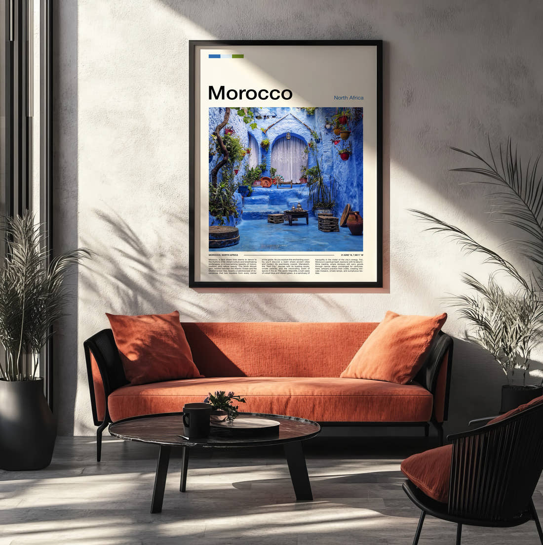 Morocco Blue Painted Courtyard Travel Print framed on the wall of a modern living room