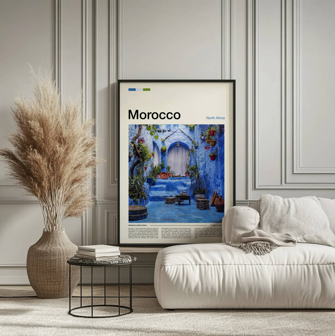 Morocco Blue Painted Courtyard Travel Print framed on the wall of a calm, neutral bedroom