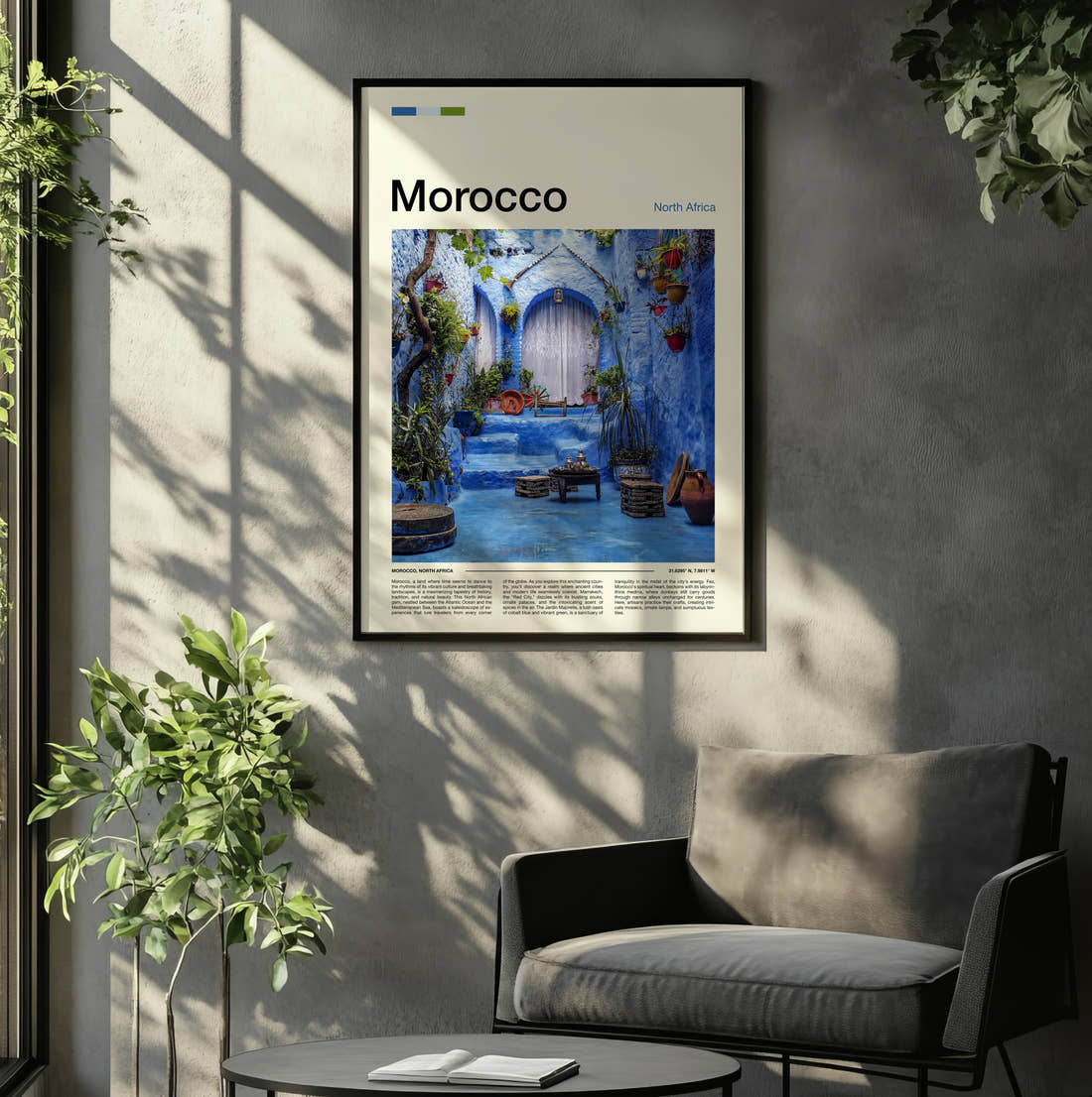 Morocco Blue Painted Courtyard Travel Print framed on the wall of a relaxed living room