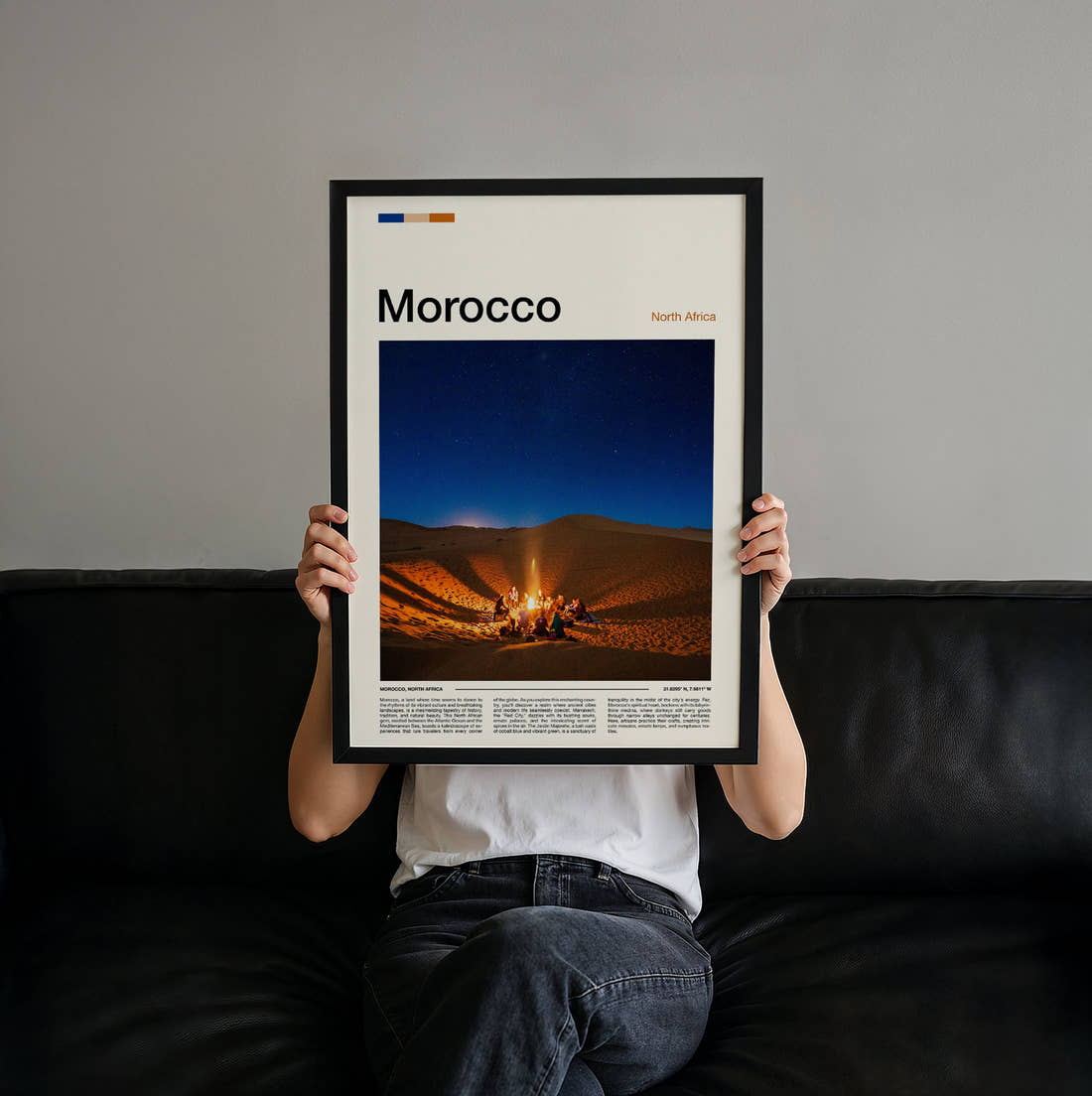 Morocco Desert Campfire Travel Print held up by hand to show the size of the print