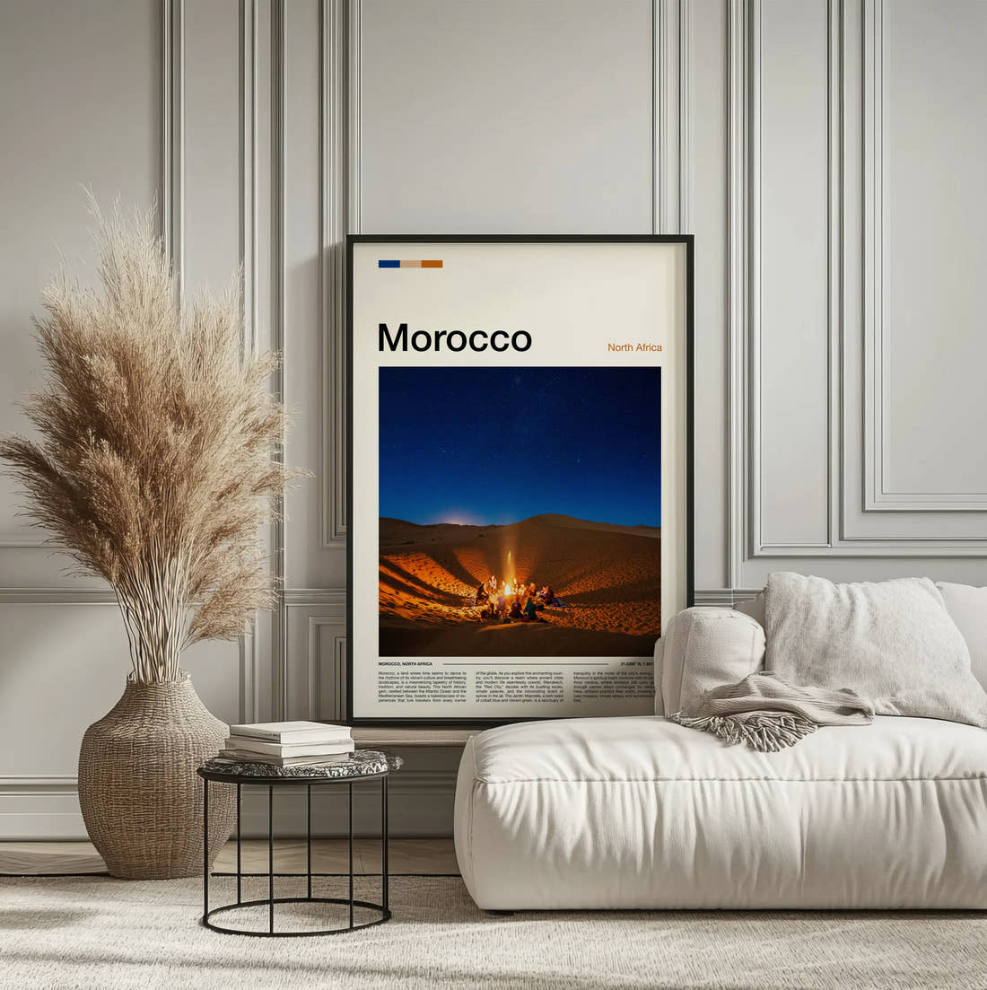 Morocco Desert Campfire Travel Print framed on the wall of a calm, neutral bedroom