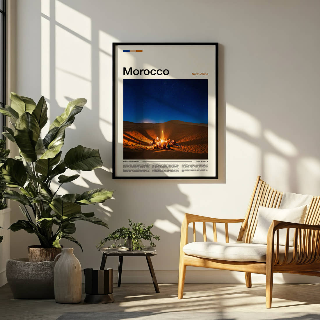 Morocco Desert Campfire Travel Print framed on a pale wall beside houseplants
