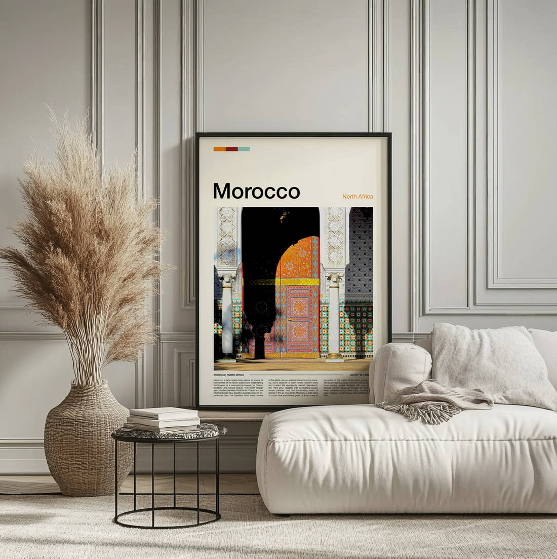 Morocco Colourful Doorway Travel Print framed on the wall of a calm, neutral bedroom