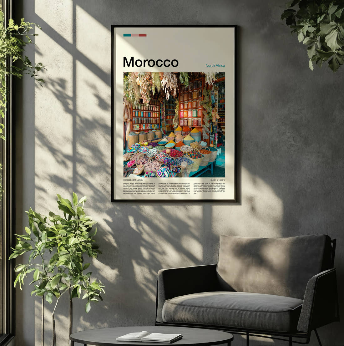 Morocco Spice Market Stall Travel Print framed on the wall of a relaxed living room