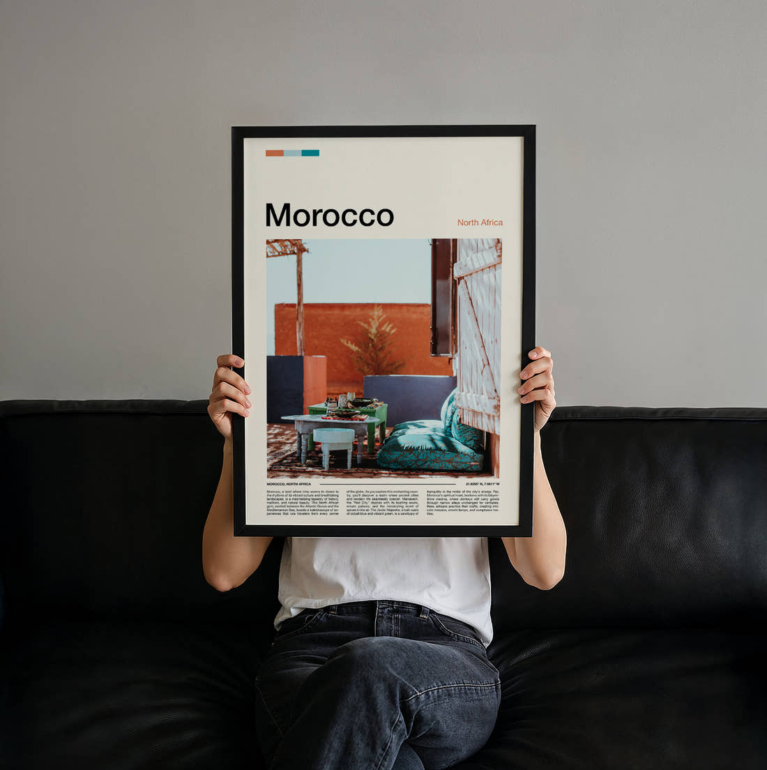 Morocco Rooftop Terrace Travel Print held up by hand to show the size of the print
