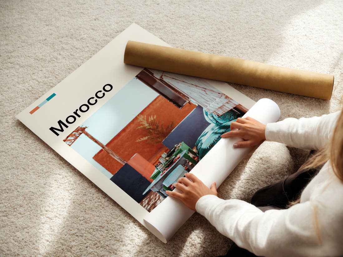 Morocco Rooftop Terrace Travel Print being unrolled from its postal tube