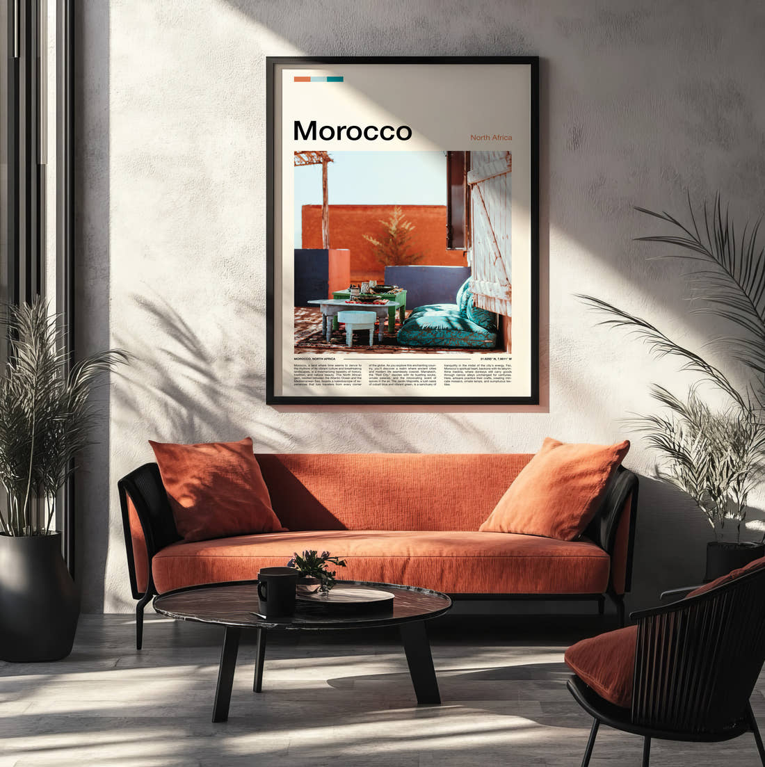 Morocco Rooftop Terrace Travel Print framed on the wall of a modern living room