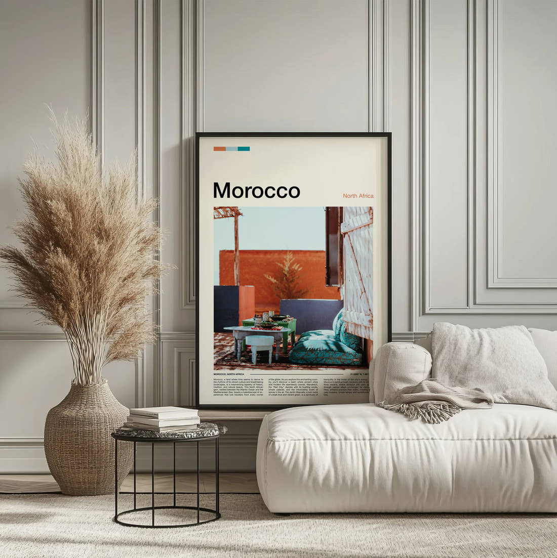 Morocco Rooftop Terrace Travel Print framed on the wall of a calm, neutral bedroom