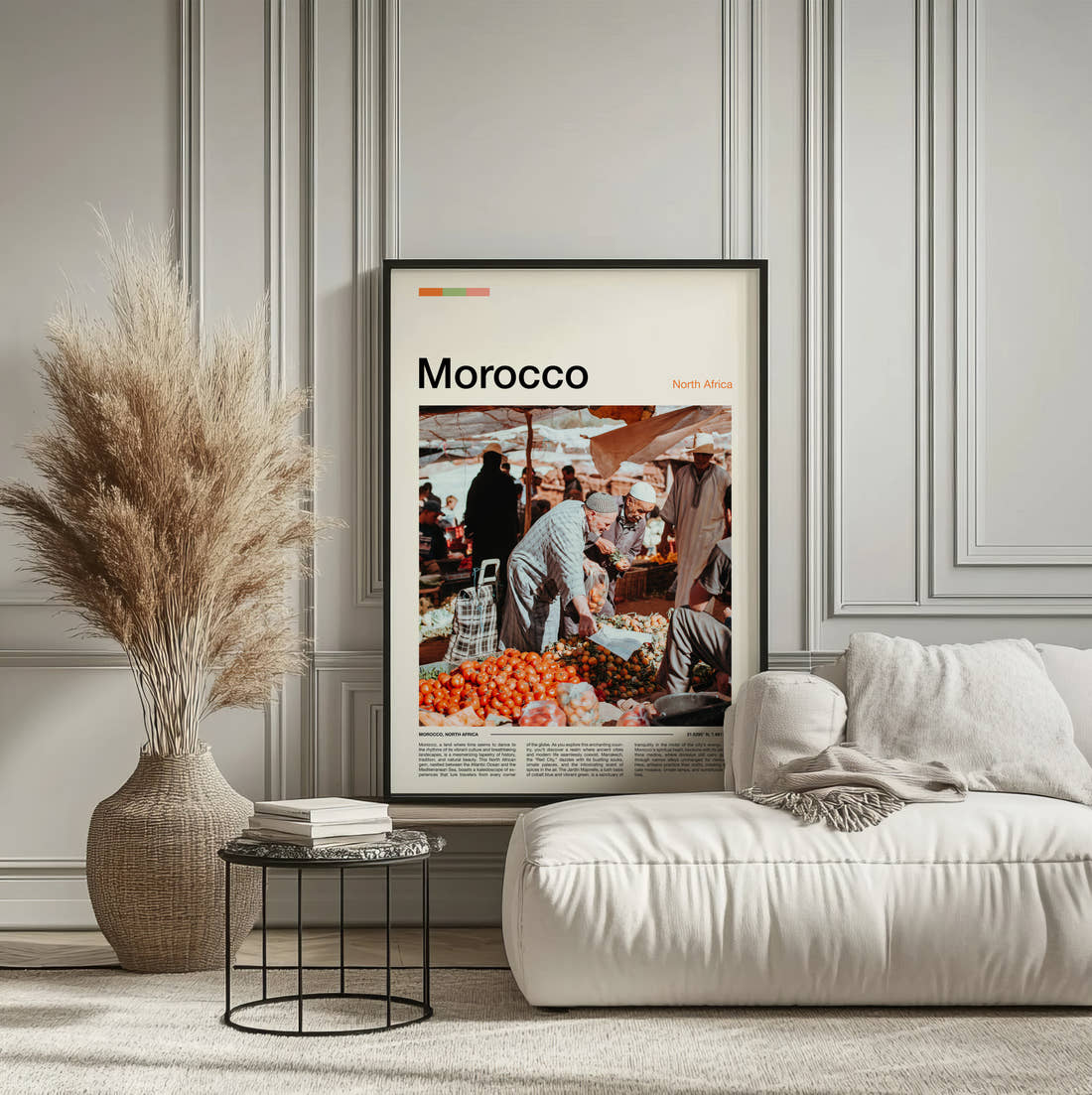 Morocco Market Traders Travel Print framed on the wall of a calm, neutral bedroom